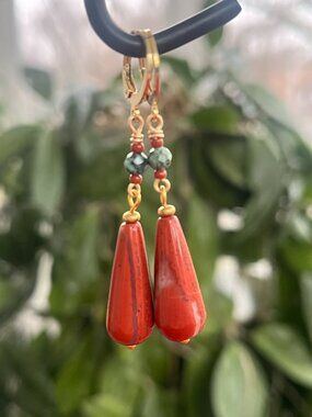 Red Jasper Teardrop Earrings | Turquoise Accent Beads | Boho Dangle Earrings